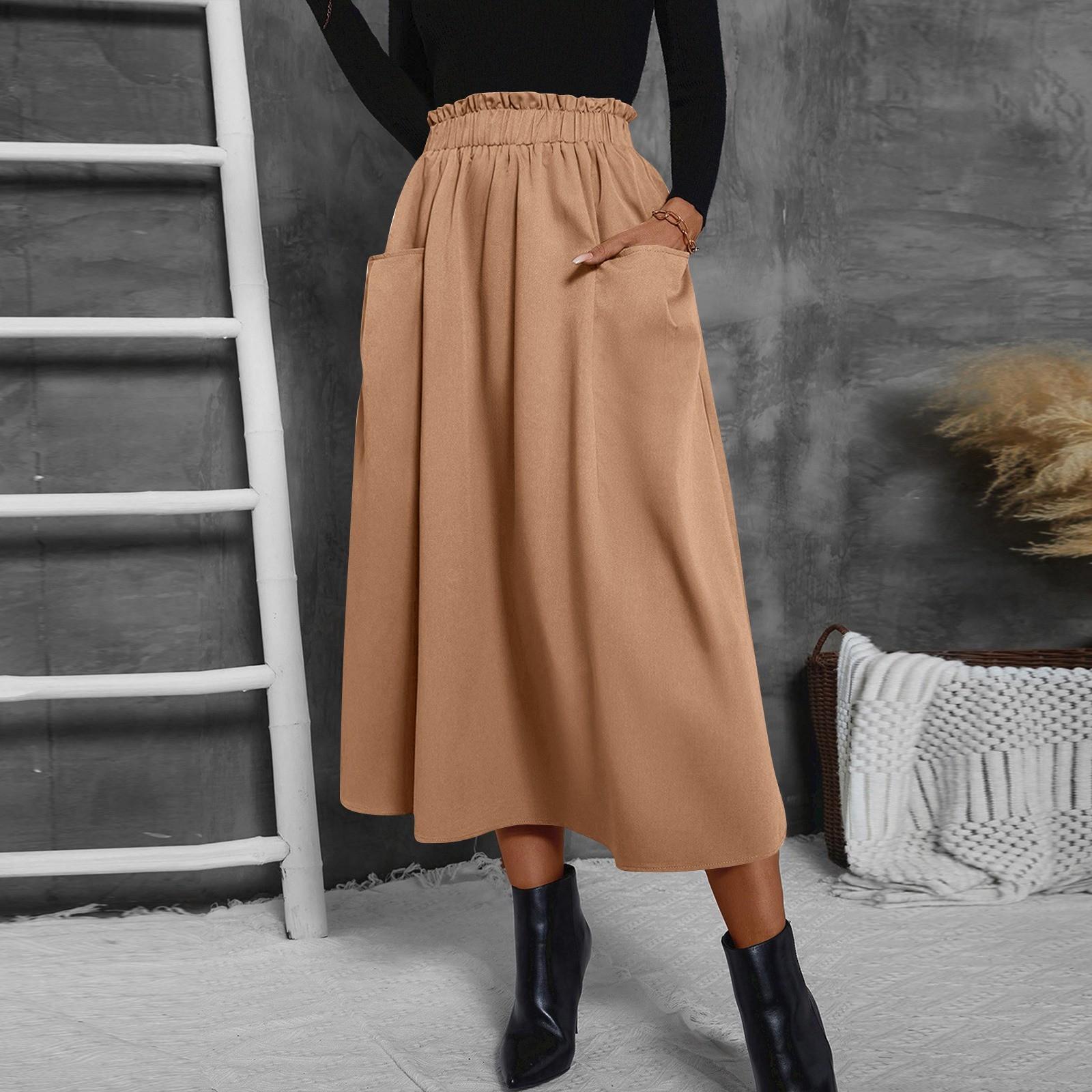 

Женская модная однотонная юбка-трапеция с эластичным поясом и свободными карманами XL хаки