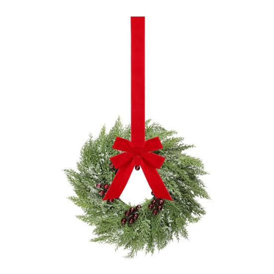 Christmas Wreath for Windows 10 Inch Small Artificial Greenery Wreath with Berries And Red Bow for Winter Fireplace Home Decor