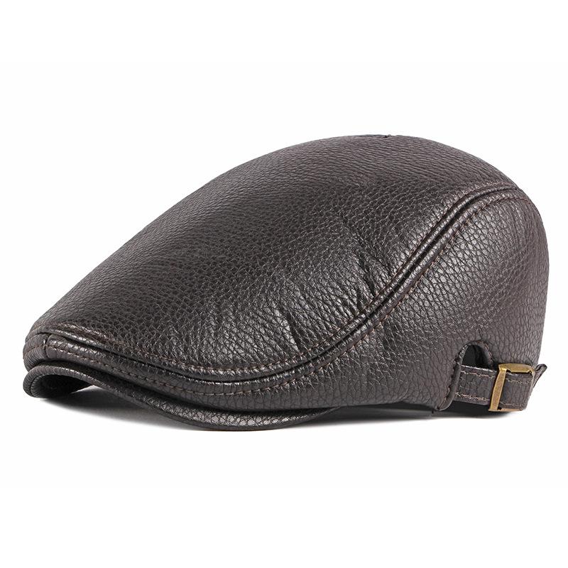 

Autumn Winter Beret Hat for Men Middle-aged Newsboy Cap Elderly Duckbill Painter Cap PU Leather Herringbone Dad Hat Adjustable Adjustable 55to60cm коричневый