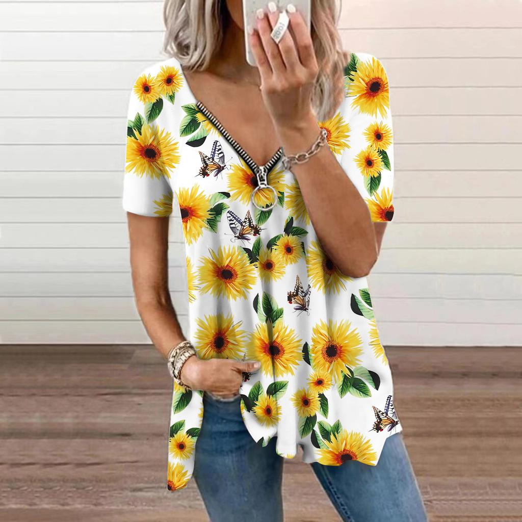 Women's Top Summer New Fashion Sunflower Printed Casual Zipper V-neck Short Sleeve Top