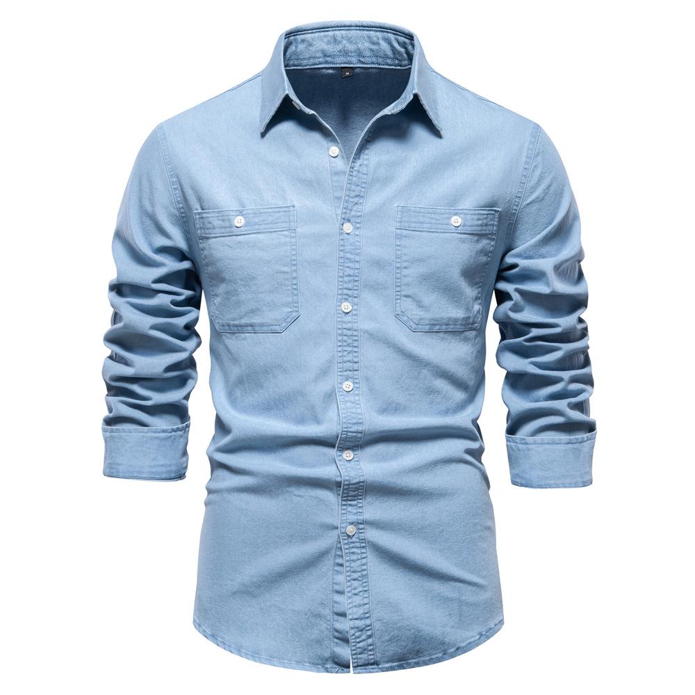 2026 Men's European Size Casual Solid Color Denim Long-Sleeve Shirt In Stock