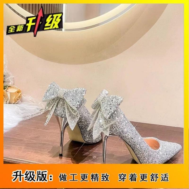Silver high heels women's autumn, winter, spring and autumn new wedding shoes rhinestone bow sweet fairy crystal shoes