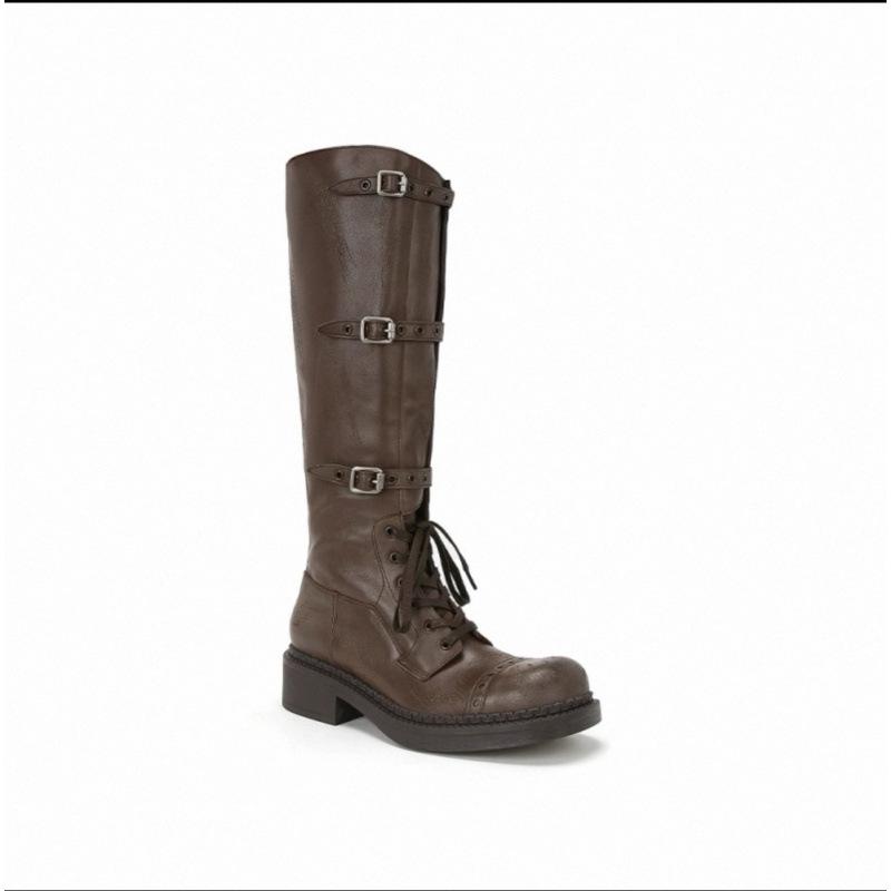 Cowhide~ Knight Boots Leather Boots Lace-up Platform Martin Boots Boots Women's Thick Heel Boots
