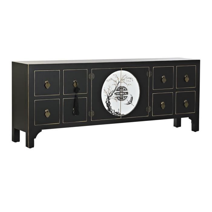 Meuble TV Oriental Noir Sapin Métal MDF 130cm - Marque Inconnue - 8 Tiroirs 2 Portes