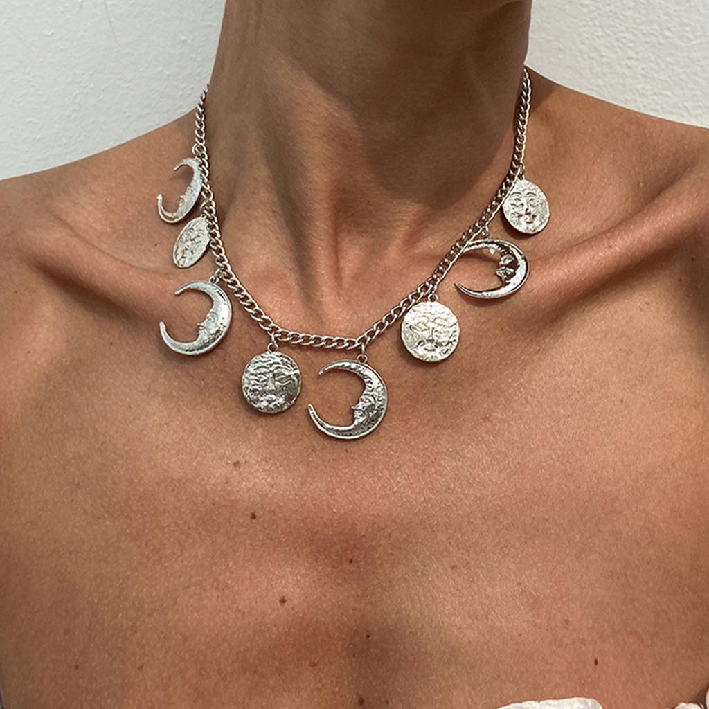 Vintage Relief Portrait Crescent Moon Pendant Necklace Female, Personalized Metal Chain Imitation Pearl Collarbone Chain