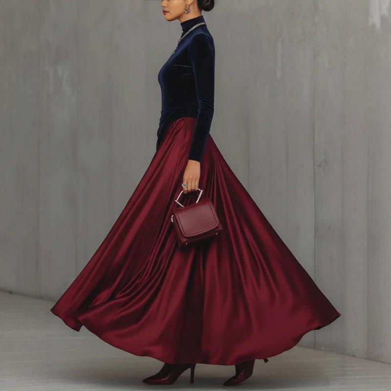 European Style Elegant Patchwork Velvet High-Neck Dress with Large Hem for Spring 2026.