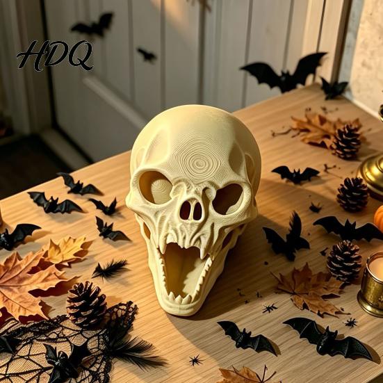 Gruseliger Kiefernschädel Tischornament 3D Gedrucktes Halloween-Ornament, Realistische Horror-Statue, Gruselige Party-Requisiten für Spukhäuser Figur mit Scharfen