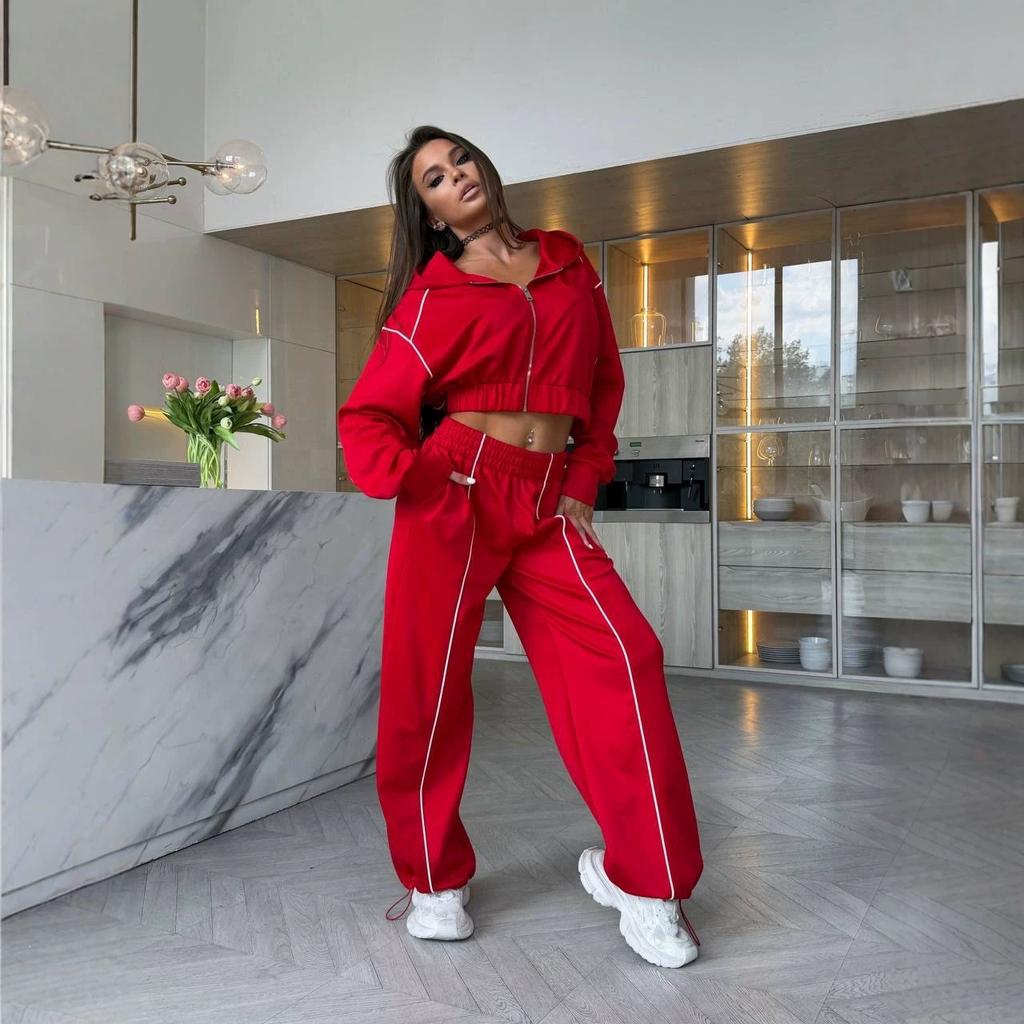Lines Short Stand-Up Collar Sports Suit Women's, Zipper Waist Jacket High Waist Wide Leg Tights Sweatpants Two Pieces