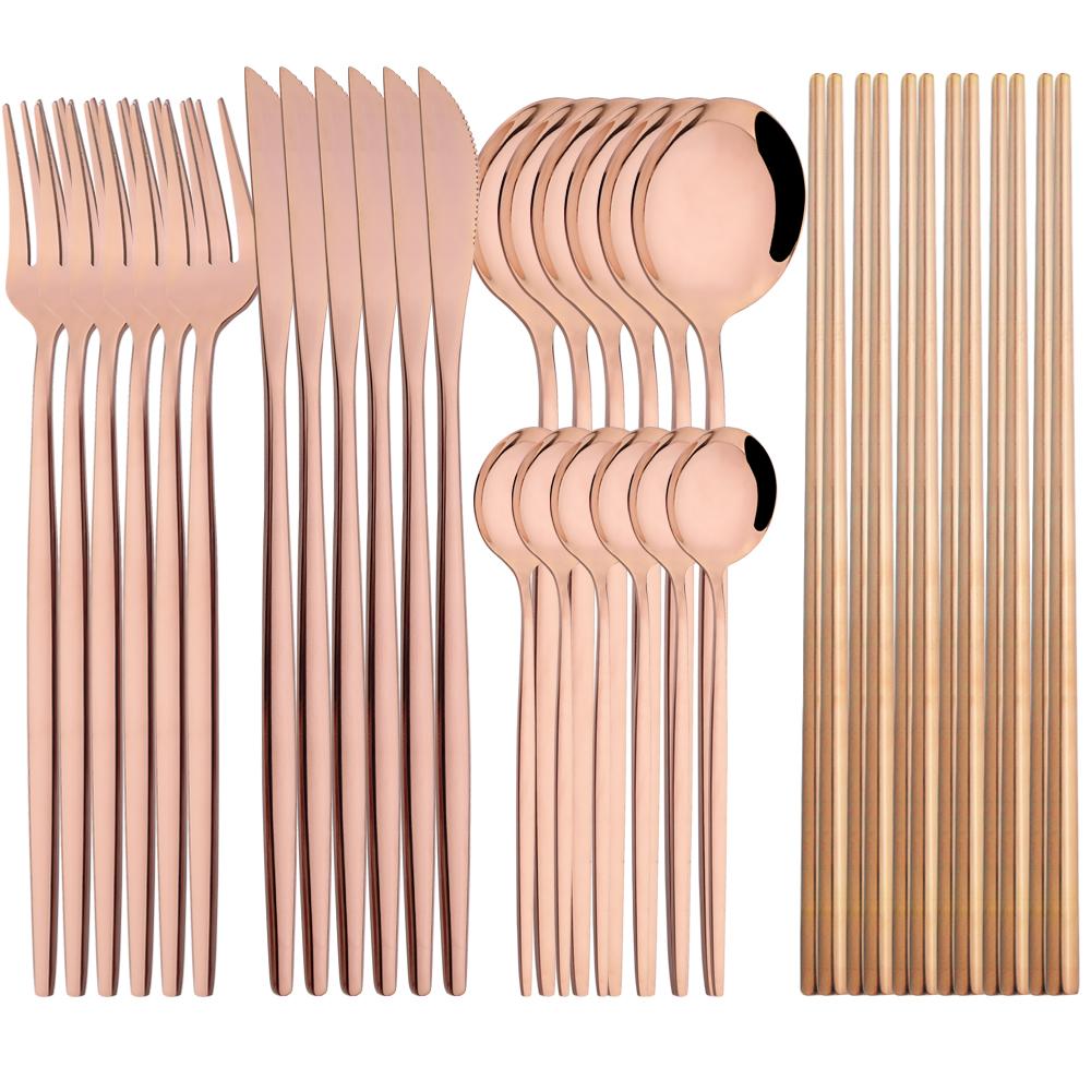 Jankng Western 30Pcs Dinnerware Knife Fork Spoons Chopsticks Cutlery Set High Quality Stainless Steel Set Kitchen Tableware Set