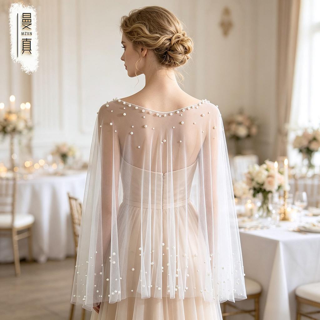 Pearl Beaded Tulle Cape for Bride, Sheer Wedding Shrug Cover Up, Bridal Shoulder Cape for Wedding Dress