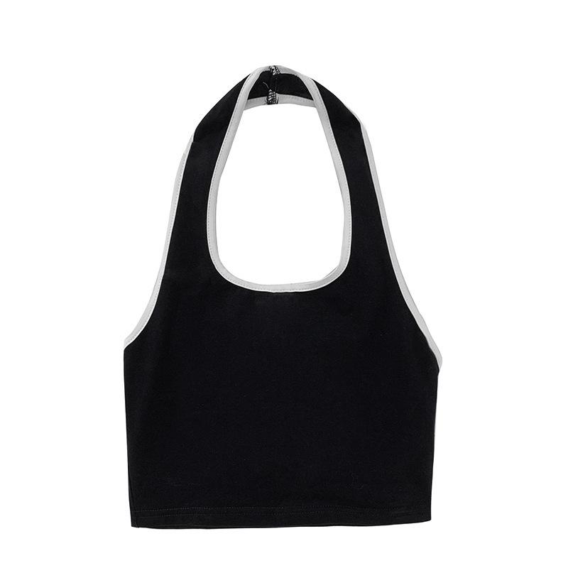 Women's Halter Neck Crop Top, Ribbed Color Block Sleeveless Tank Top