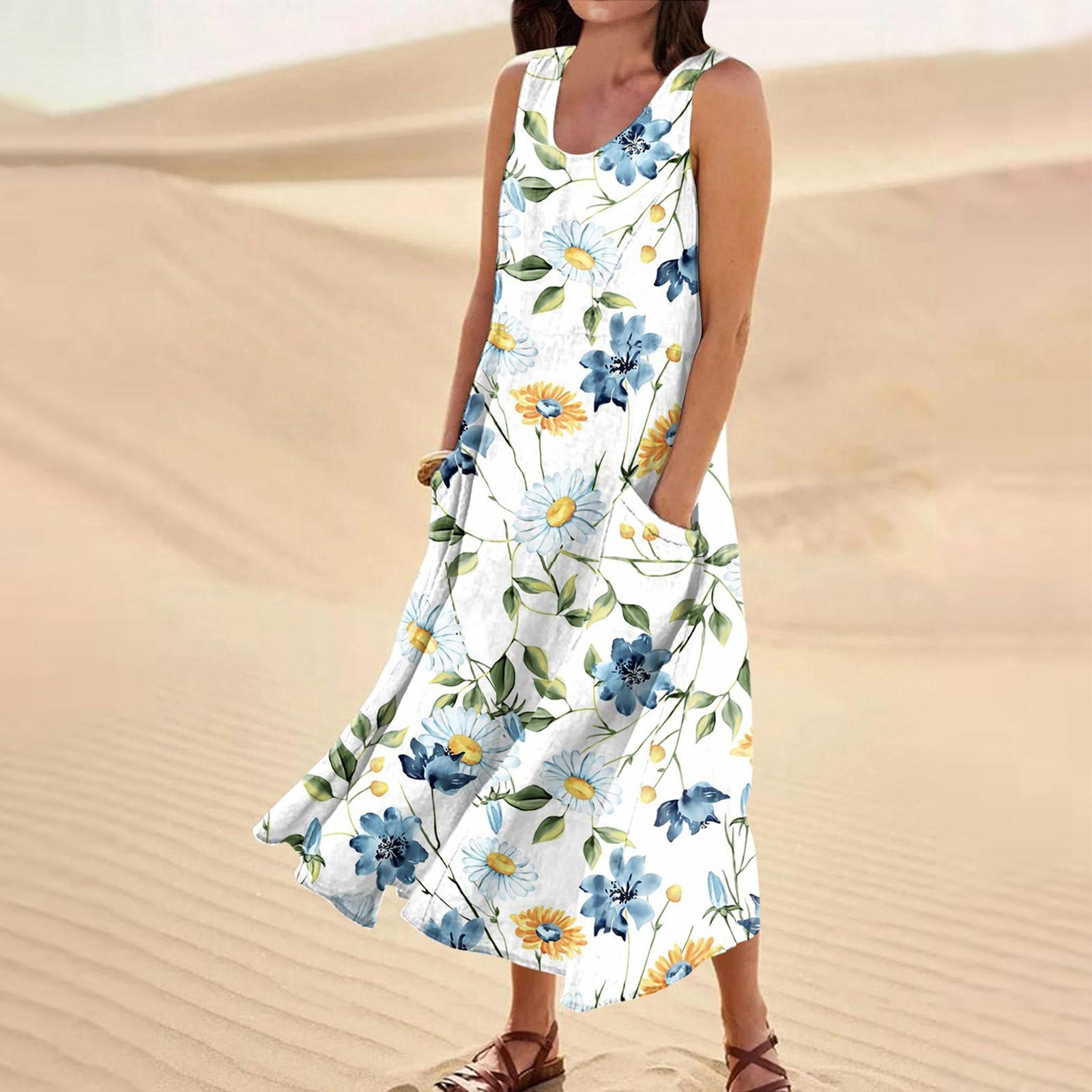 

Женское летнее свободное свободное платье с круглым вырезом и цветочным принтом без рукавов, большое свободное платье с карманами XL синий