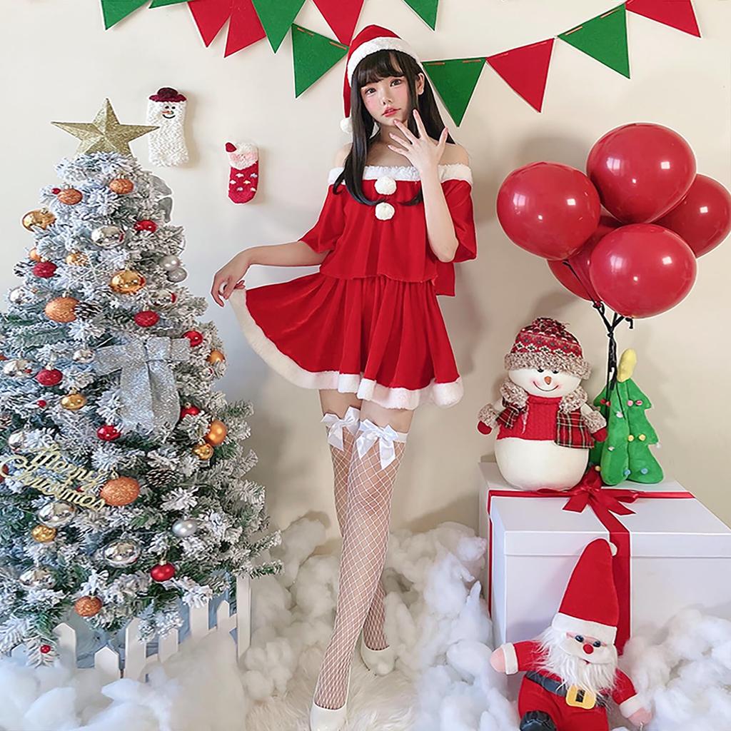 [Milky Time] Christmas Cosplay Santa Miniskirt Short Sleeve Off-the-Shoulder Santa Outfit Set