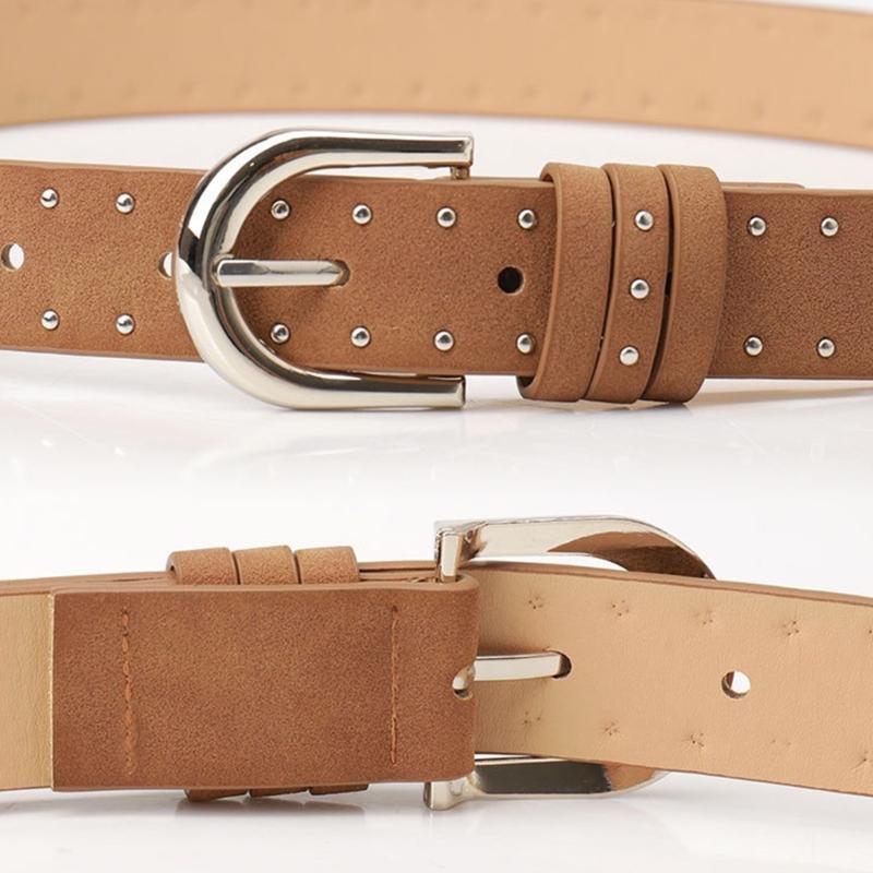 Unisex Solid Color Jeans Belt Studded Accents Adjustable PU Leather Fashion Accessory With Metal Buckles
