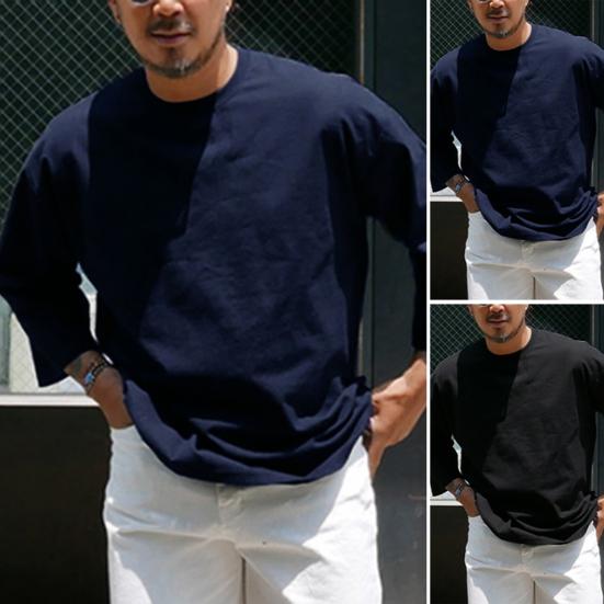 

Мужская осенняя футболка, однотонная, с круглым вырезом, с рукавами три четверти, мягкий пуловер, дышащий простой стиль, мужская верхняя одежда