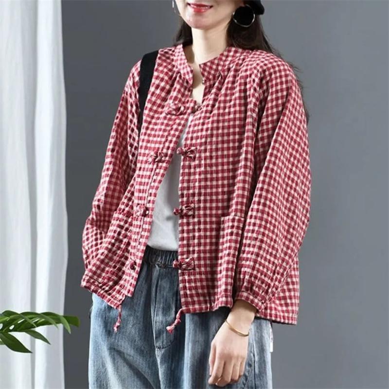 

Ladies Fashion Cotton Linen Shirts Outwear Retro Women High-end Casual Blouse Jacket Spring Autumn Female Long Sleeves Tops Coat S червоний