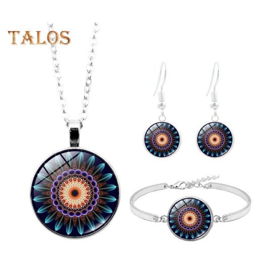1 Set Women Jewelry Set Flower Print Glass Pendant Vintage Ethnic Style Prom Party Earrings Necklace Bracelet Combo Ideal Christmas Gift