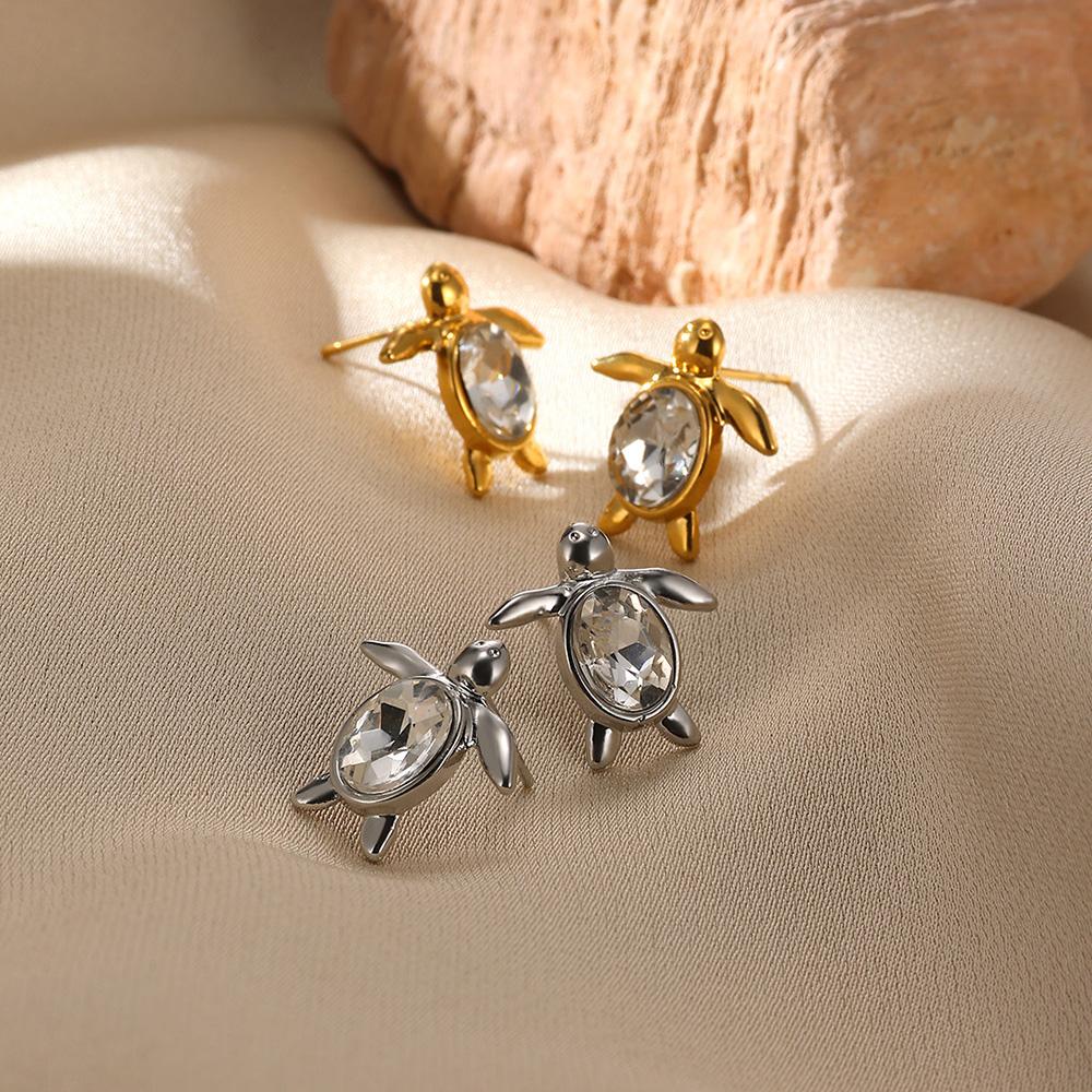 Vintage Crystal Turtle Stud Earrings For Women Gold Color Stainless Steel Geometric Stud Earrings Wedding Jewelry Christmas Gift
