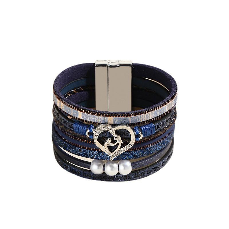 Boho Layered Leather Bracelet With Heart Charm Adjustable Opening Bangle Women Girls Fashion Accessory
