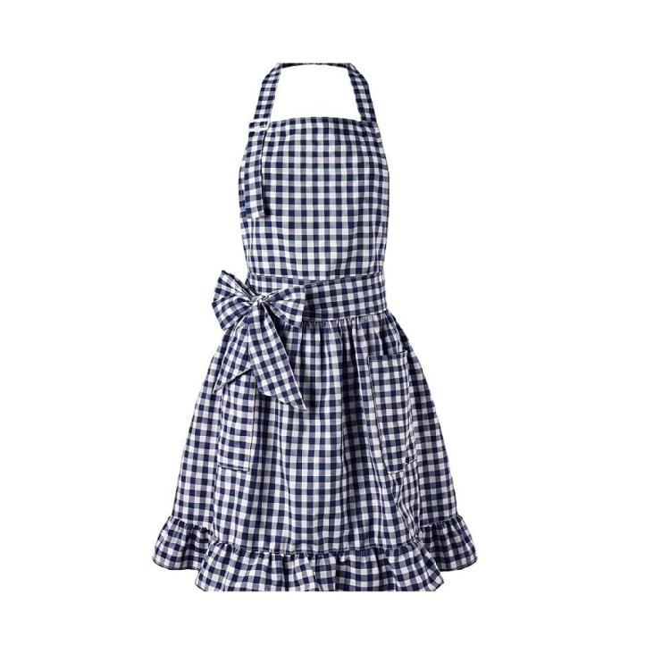 Cooking and Baking Apron with Checkered Pattern, 2 Front Pocket and Ruffle Lower Edge for Kitchen Wear Daily Use