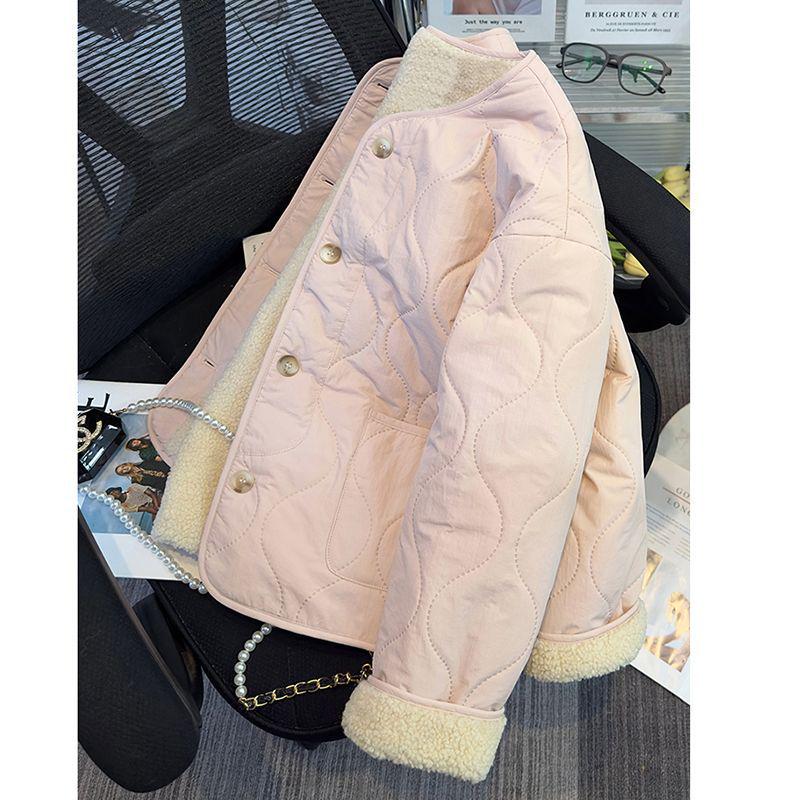 Women's Pink Fleece-Lined Cotton Coat - 2025 Autumn/Winter Fashionable Student Commuting Padded Jacket