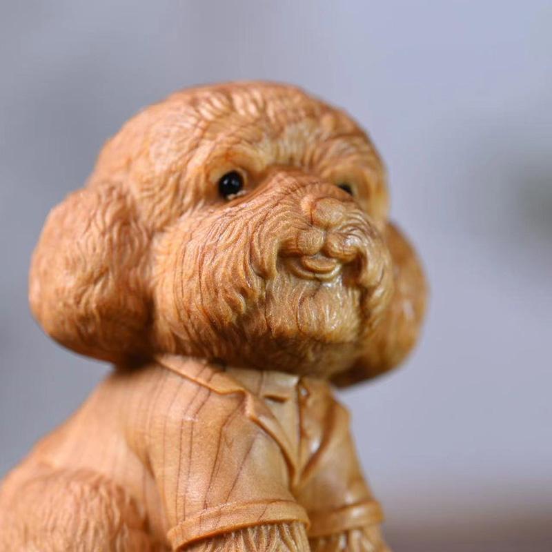 wood carving Teddy Dog Animal model Figurine Hand carved solid wood Cute Home Room Office figurine decoration Small gift