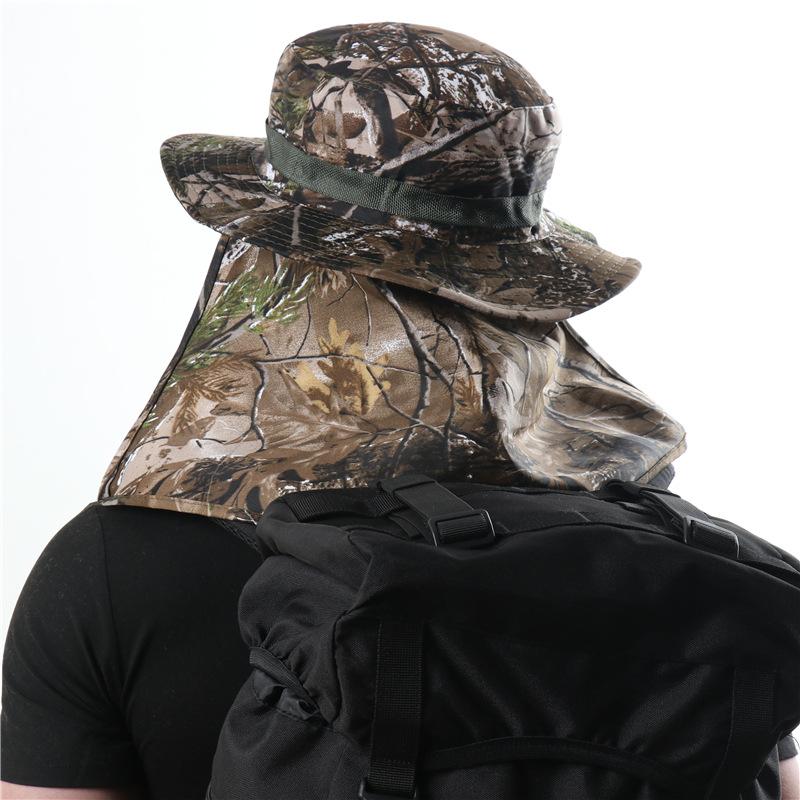 Men's and women's outdoor camouflage sun protection hat neck protection devil hat sunshade UV protection bucket hat leaf shawl hat