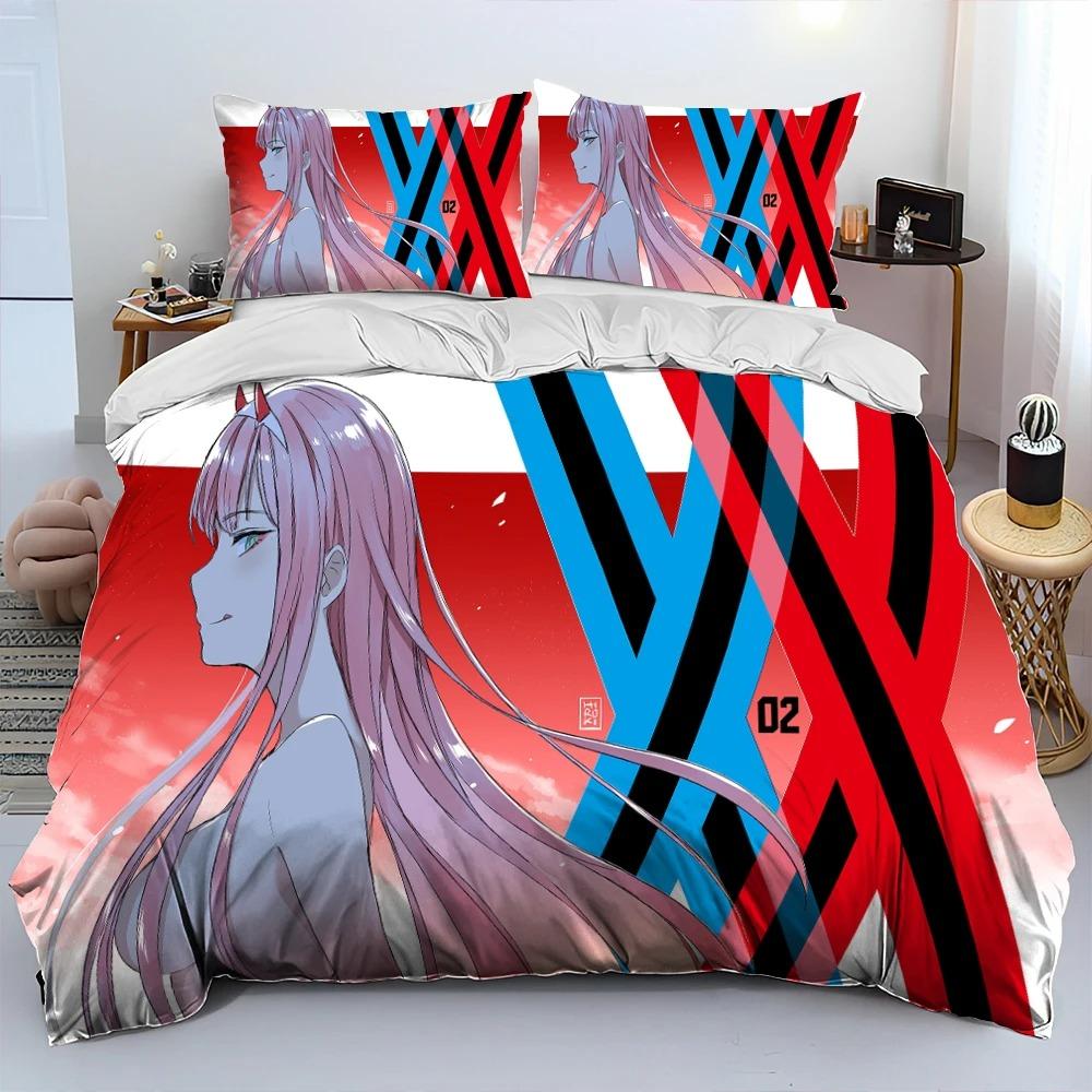Zero Two DARLING In The FRANXX Anime Comforter Bedding Set,Duvet Cover Bed Set Quilt Cover Pillowcase,Queen Size Bedding Set Kid