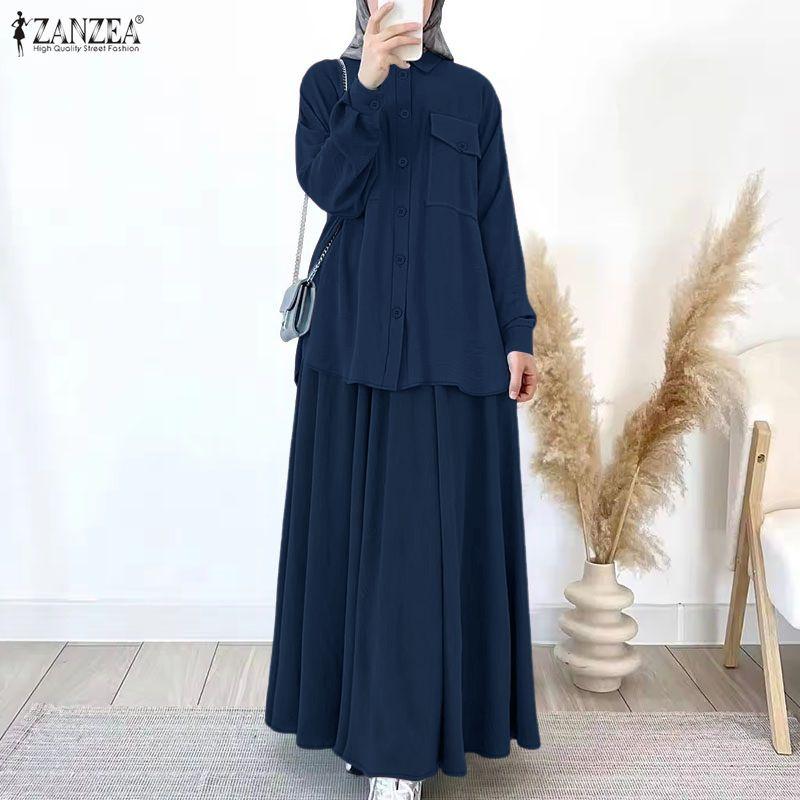 ZANZEA Women Long Sleeve Blouse and Skirts Muslim Casual Two Piece Suit Sets