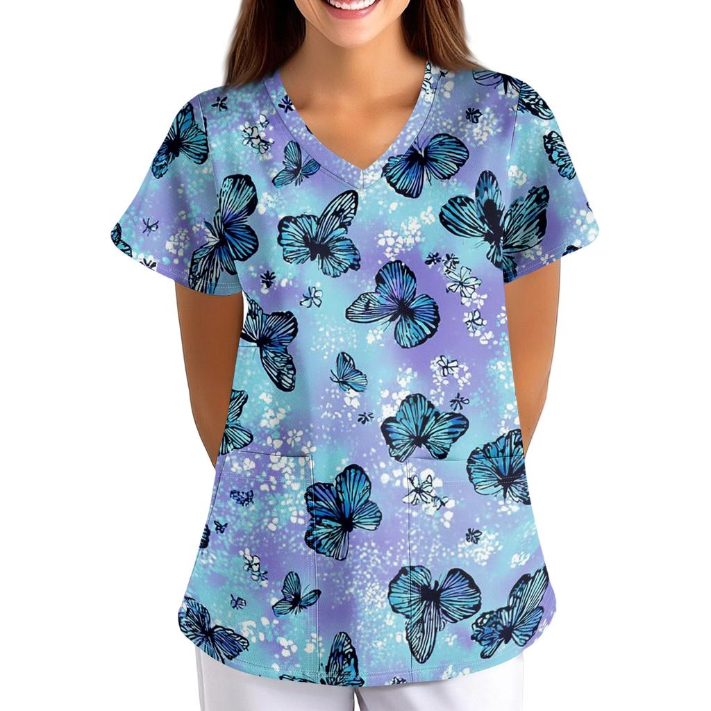 Women's V Neck Floral Print Short Sleeve Medical Scrub Top with Pocket Vintage Style Comfortable Fit Nursing Workwear