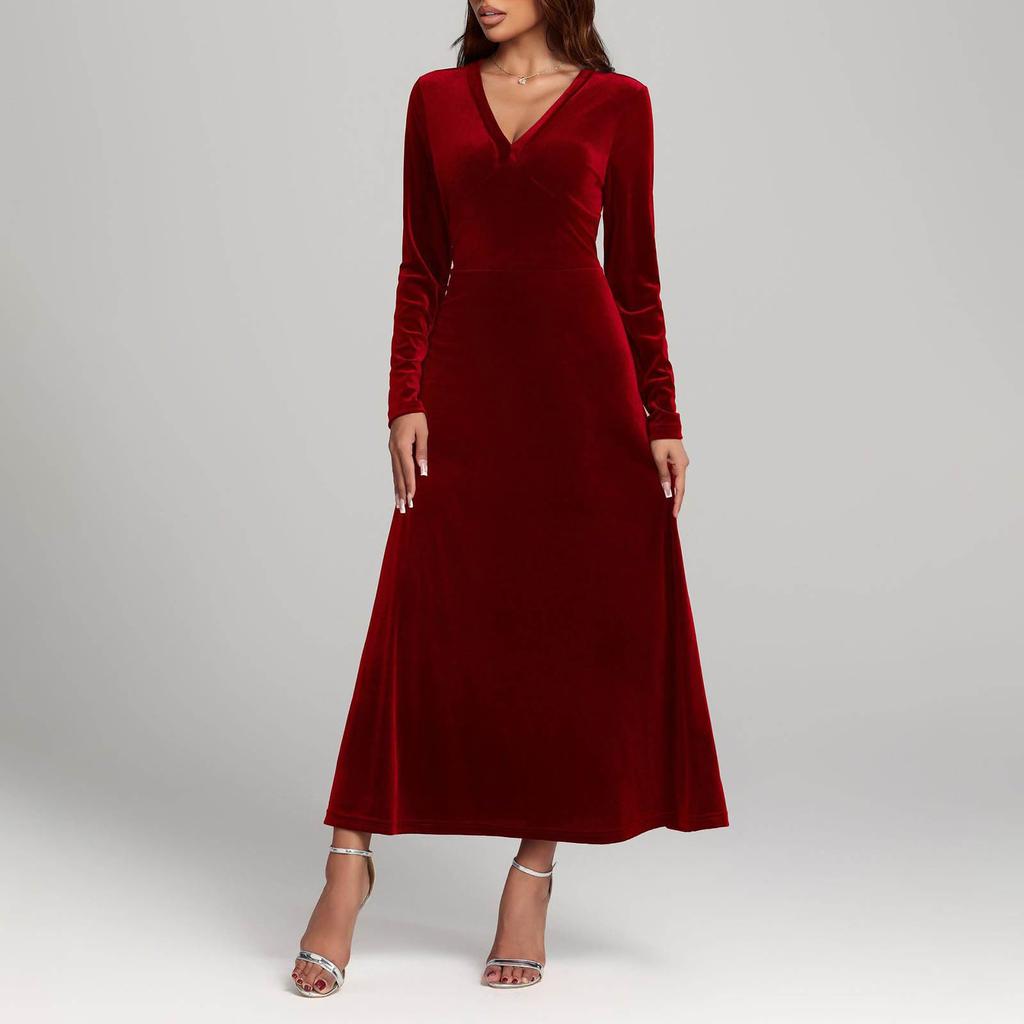 Women's Fashion Casual V-neck Velvet A-line Dress With Elegant Long Sleeves, Solid Color