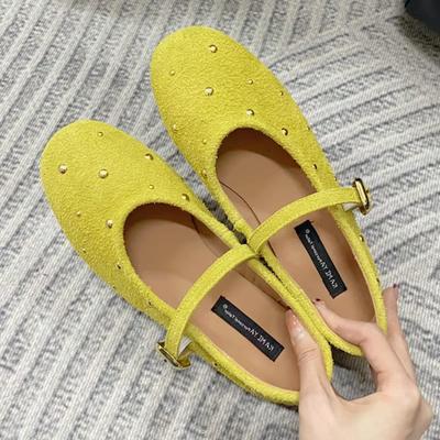 Neue Metallnieten Mary Janes Damen Komfort Weiche Sohle Runde Zehenpartie Flache Freizeitschuhe Elegant Slingback Marke Ballerina für Damen