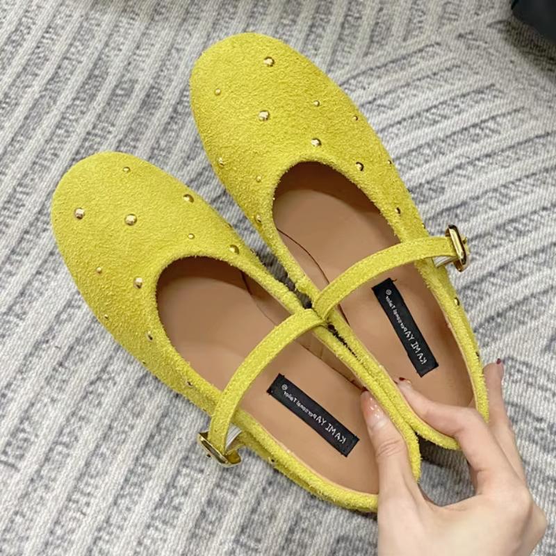 New Metal Rivets Mary Janes Women Comfort Soft Bottom Round Toe Flat Casual Shoes Elegant Slingback Brand Ballet Shoe for Ladies