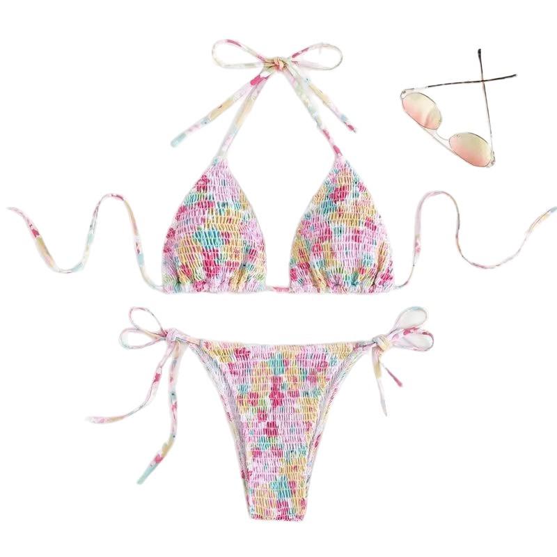 Dámské květinové plisované zavazovací bikiny v korejském stylu
