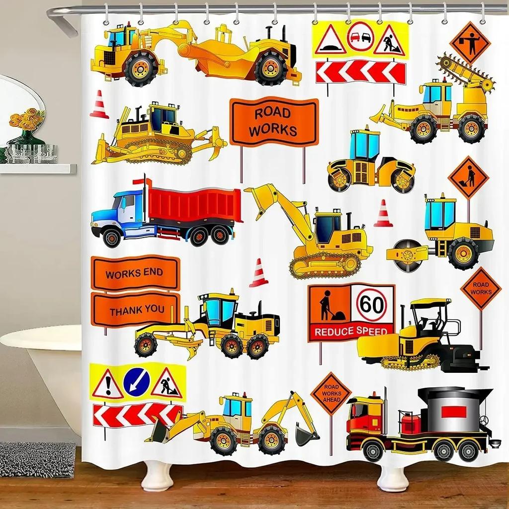 Kid Excavator Shower Curtain Tractor Mechanic Truck Construction Vehicle Boys' Bulldozer Crane Hanging Curtains Bathroom Decor