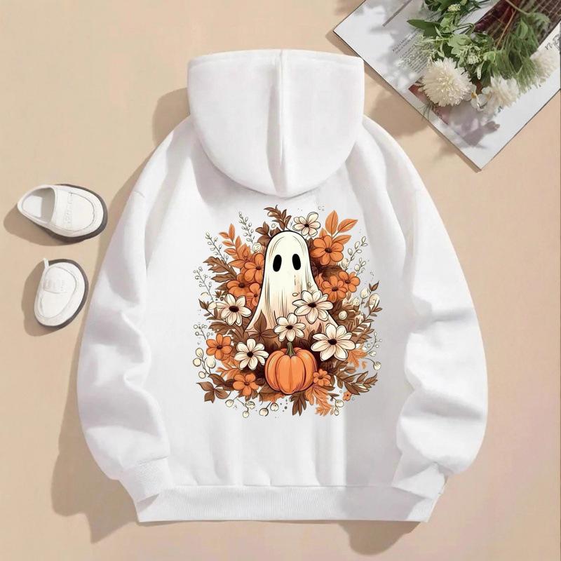Ladies Spring Autumn Casual Hooded Long Sleeve Big Pocket Halloween Ghost Pumpkin Flower Printed Pullover Hoodies Sweatshirt Top