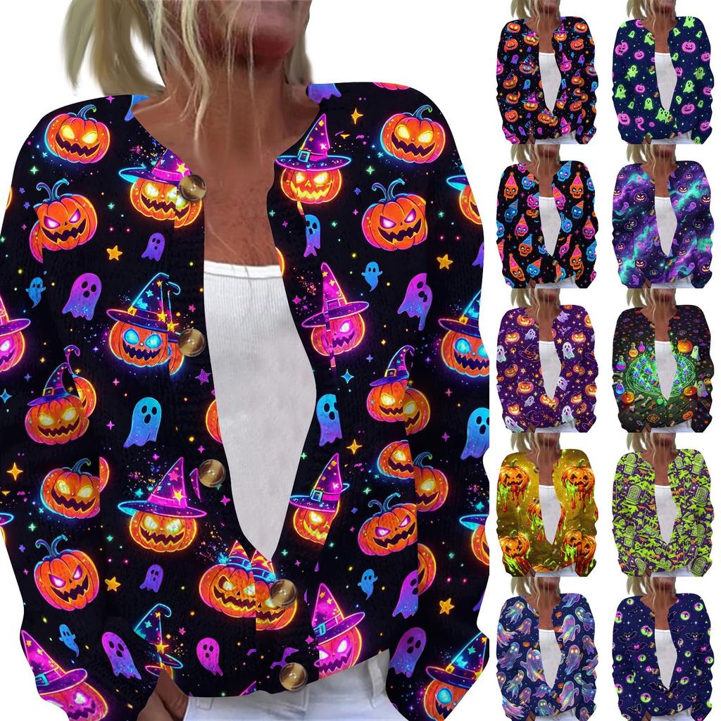 Women's Halloween Print Long Sleeve Knit Cardigan Button Front Sweater Coat Lightweight Casual Outerwear for Fall and Winter