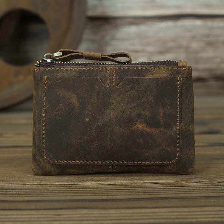 Portofel Mic Vintage din Piele Handmade Unisex Suport Carduri cu Fermoar Mini Geantă de Depozitare Compactă pentru Călătorii pentru Uz Zilnic Portofel Mic pentru Bărbați