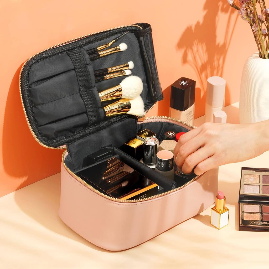 Rownyeon Vanity Large Cute Makeup Pouch with Brush Functional Ribbon Portable Cosmetic Case with Vanity Mini Makeup Travel Korean Style Pouch,