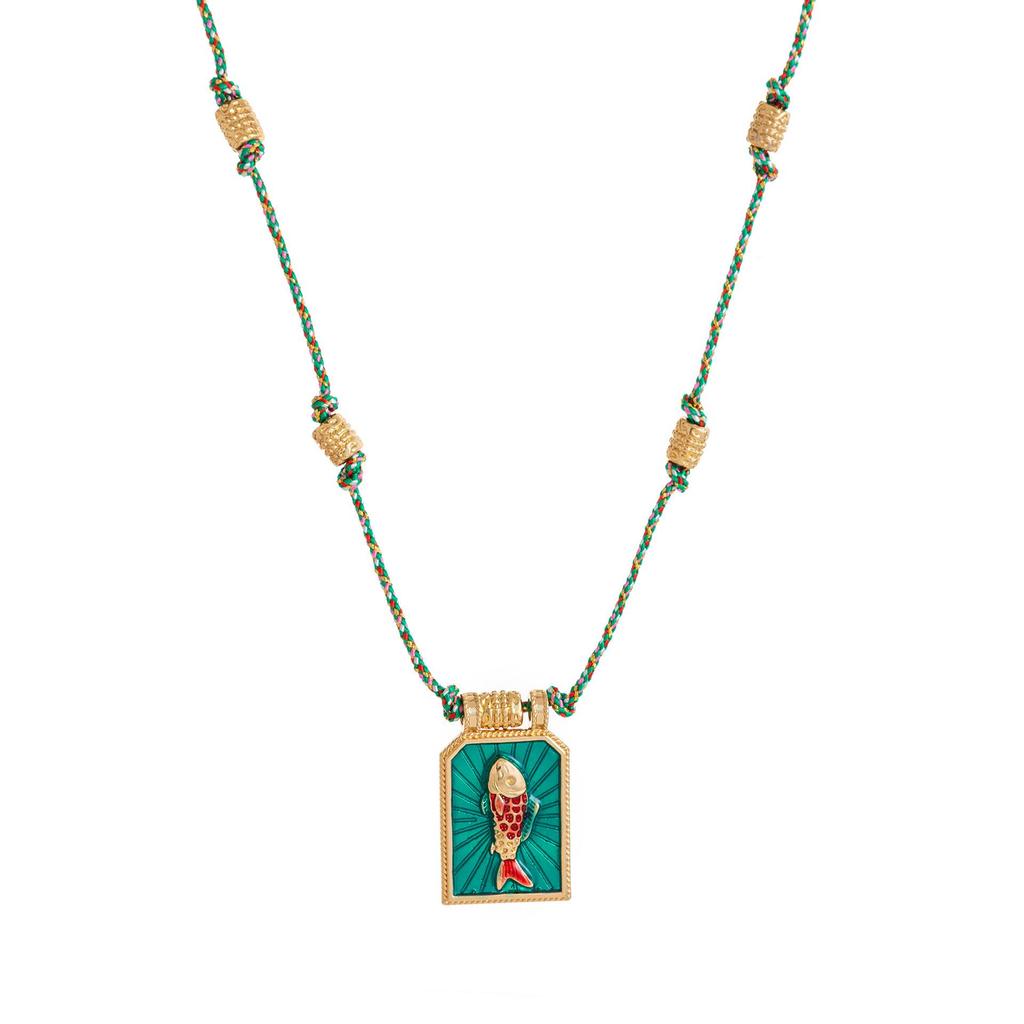 Colorfast Beaded Tarot Card Pendant Necklace with Heart-Shaped Charm, Fashionable Gold-Plated Design On Colorful Rope