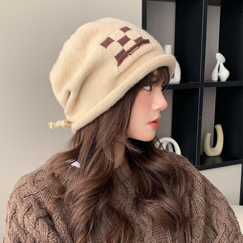 Autumn and Winter New Drawstring Checkerboard Knitted Wool Hat Women's Stacking Hat Big Head Circumference Versatile Bag Head Cold Hat