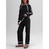 2025 Cross-Border European and American Spring and Autumn New Round Neck Color Matching Trim Stripe Casual Loose Knitting Suit Women Suit