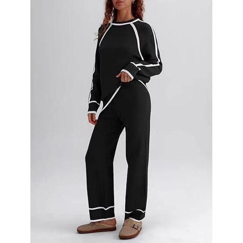 

2025 Cross-Border European and American Spring and Autumn New round Neck Color Matching Trim Stripe Casual Loose Knitting Suit Women Suit Black XXL