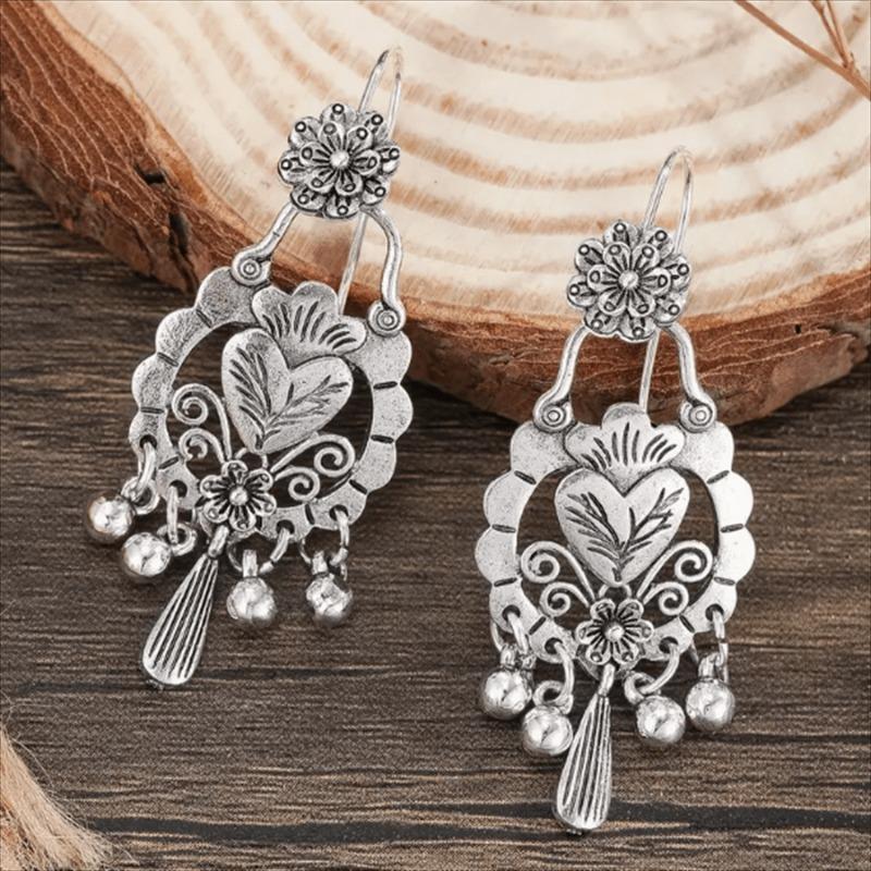 1 Pair Vintage Bohemian Hollow Heart Flower Tassel Earrings, Personalized Party Jewelry Gift for Women