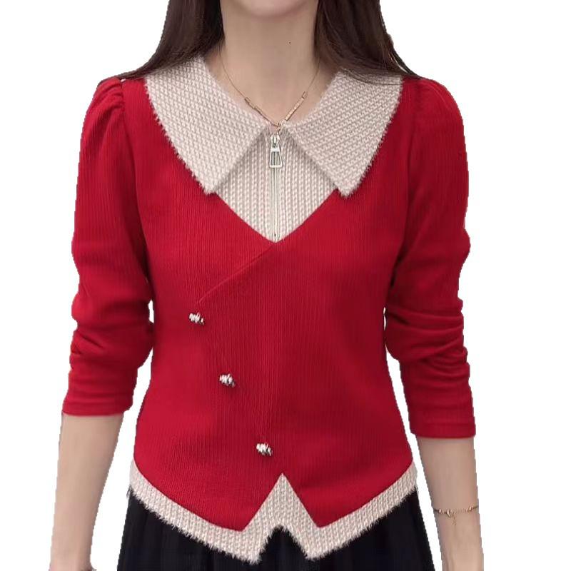2026 Spring Korean Chic Irregular Color Block Lapel Slimming Two-Tone Top