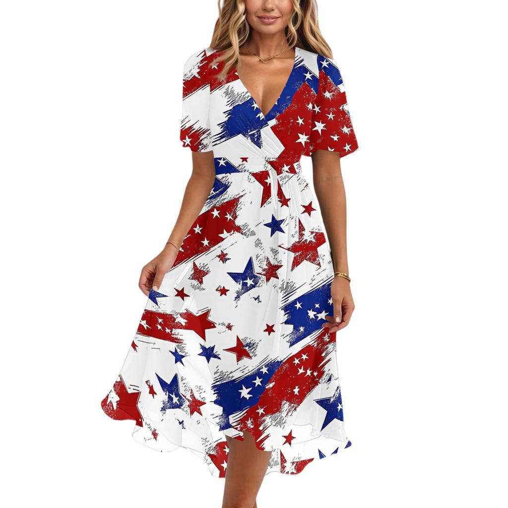 Women's Casual V Neck Short Sleeve Dress with Independence Day Stars and Stripes Print Wrap Style Midi Dress for Summer