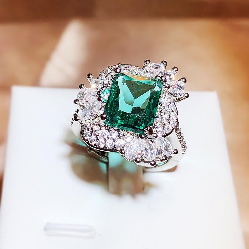 New Imitation Emerald Tourmaline Full Diamond Princess Square Zircon Opening Ring For Women 925 Silver Jewelry Party Bridal Gift
