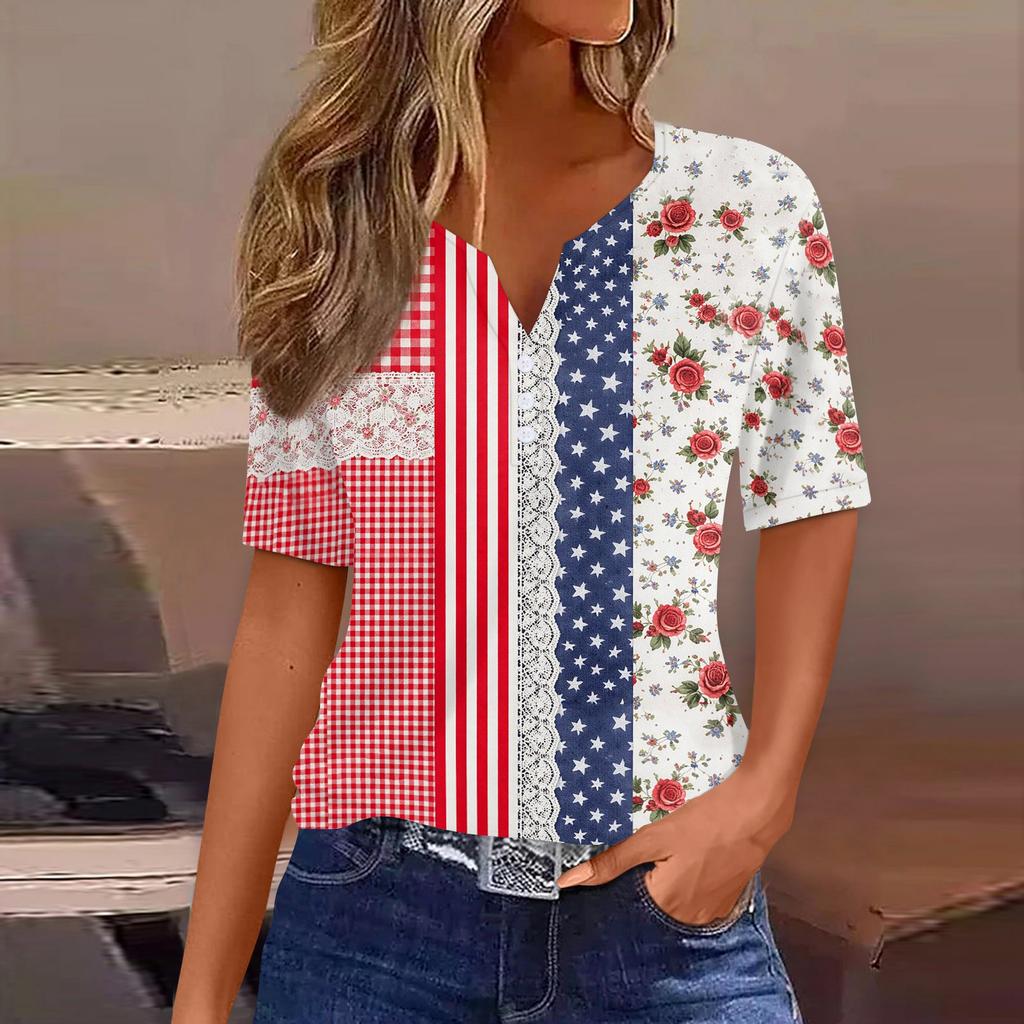 Women's Fashion Casual Independence Day Print V-Neck Short Sleeve Button-Up T-Shirt Top