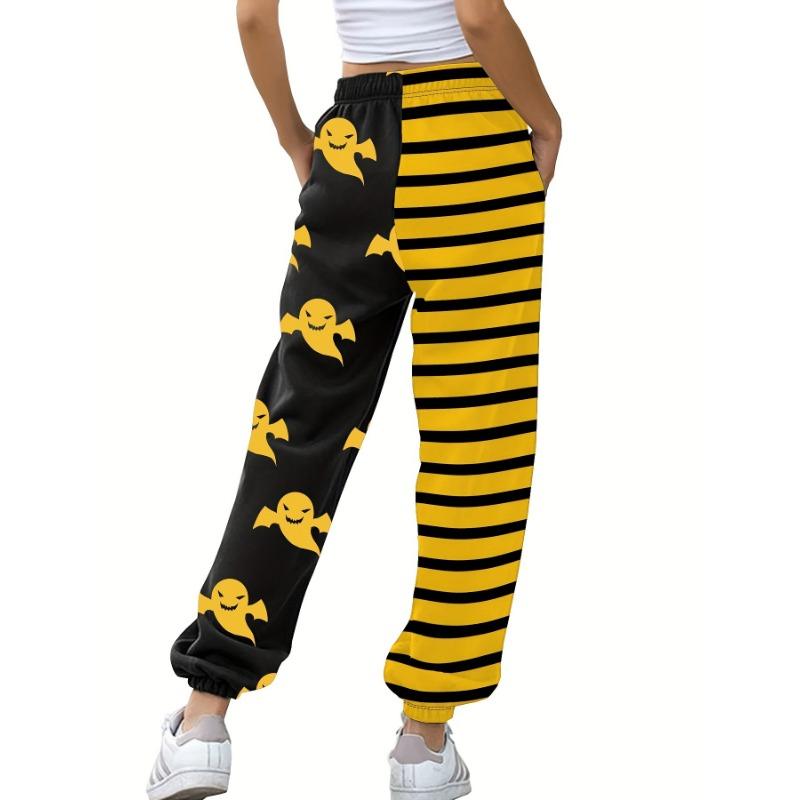 Color Block Ghost & Stripe Print Joggers, Halloween Slant Pockets Byxor för vår och höst, damkläder