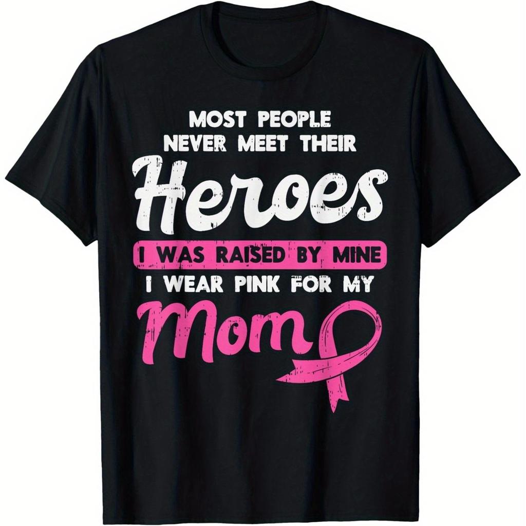 I Wear Pink For My Mom Breast Cancer Awareness Graphic Tee Soft Cotton Casual Short Sleeve TShirt